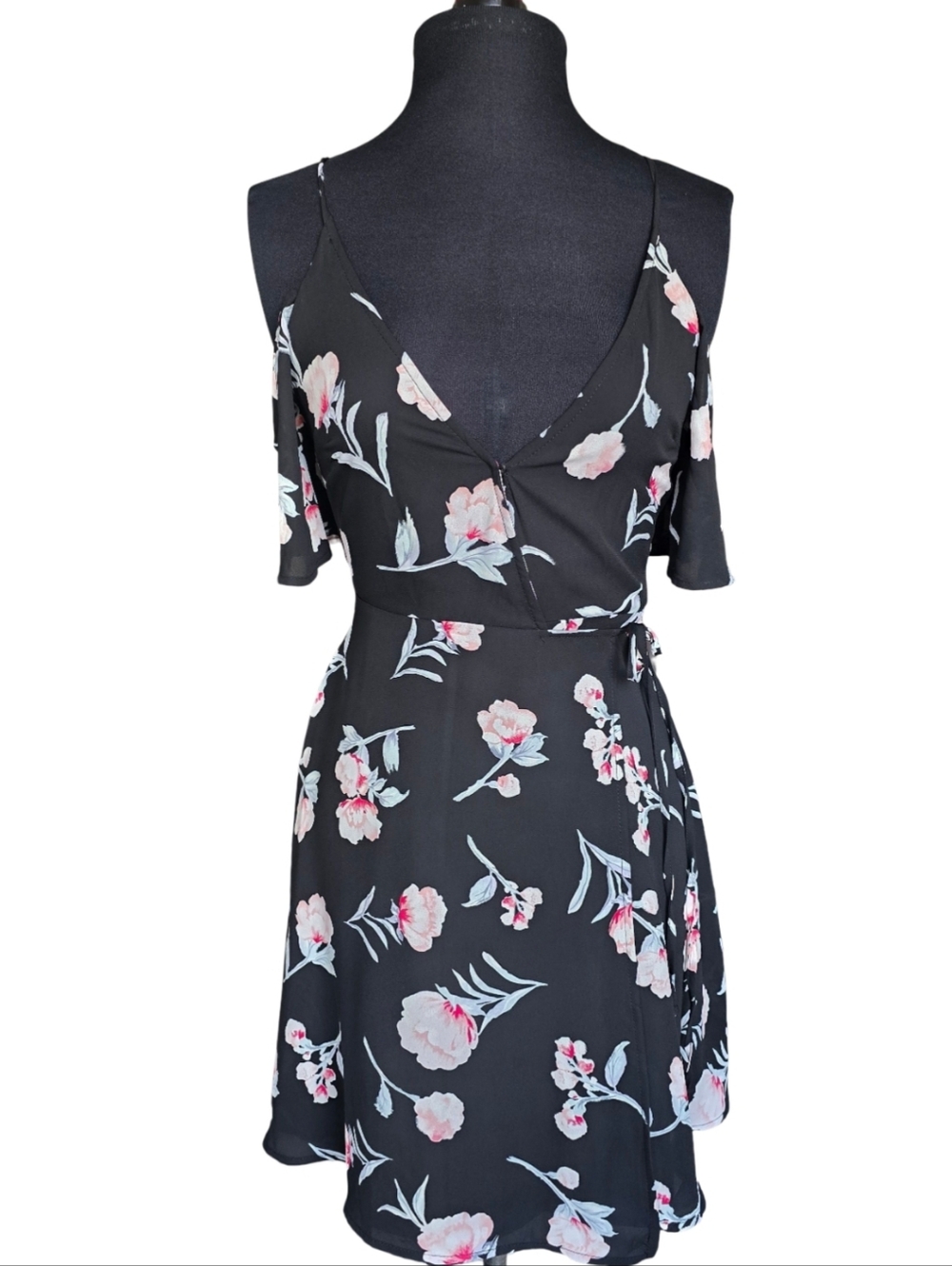 Lush Black Mini Wrap Dress with Pink Floral Print Size XS Cold Shoulder